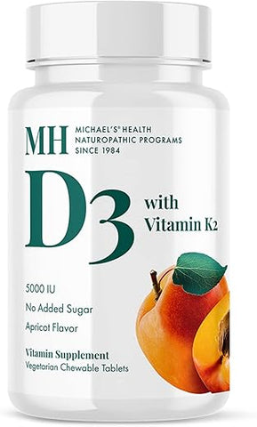 MICHAEL'S - Vitamina D3 com K2 – 90 Comprimidos Mastigáveis Sabor Damasco – Esquelética – Programas Naturopáticos de Saúde MICHAEL’S