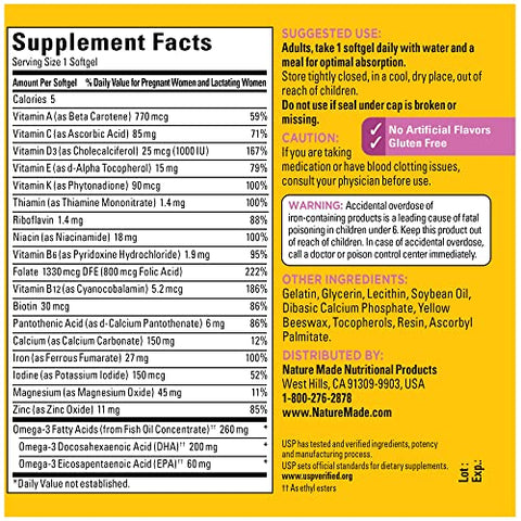 Prenatal com Ácido Fólico DHA, Suplemento Vitamínico e Mineral Pré-Natal para Suporte Nutricional Diário, 90 Softgels, Suprimento de 90 Dias - Nature Made