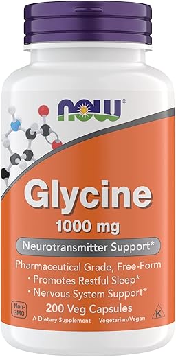 Foods Glycine 1000mg – Suporte Neurotransmissor, Promove Sono Repousante – 200 Cápsulas Vegetarianas - NOW