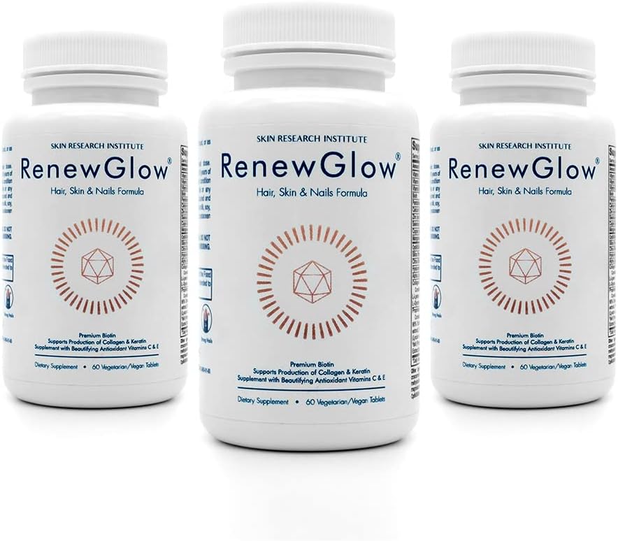 Skin Research Institute - Renewglow Biotina – Vegan Friendly – Pele, Unhas e Cabelos Saudáveis – 3 Pack –