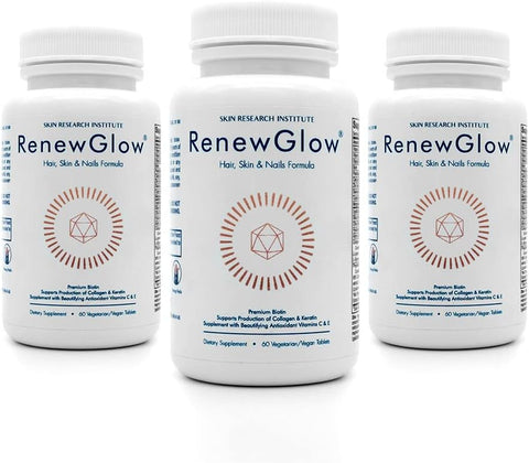 Skin Research Institute - Renewglow Biotina – Vegan Friendly – Pele, Unhas e Cabelos Saudáveis – 3 Pack –