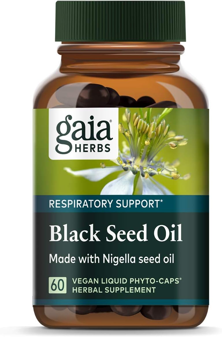 Óleo de Semente Preta Gaia Herbs – Cápsulas prensadas a frio para suporte pulmonar, respiratório e antioxidante – com Óleo de Semente de Nigella Orgânico – Suplemento Herbal – 60 cápsulas veganas líquidas