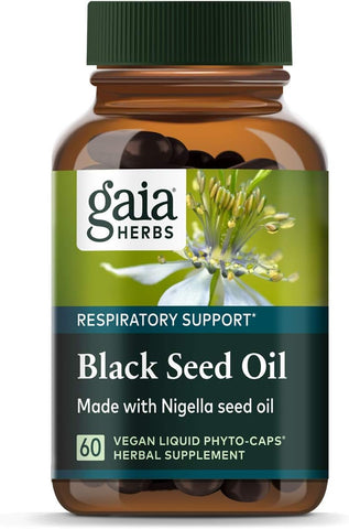 Óleo de Semente Preta Gaia Herbs – Cápsulas prensadas a frio para suporte pulmonar, respiratório e antioxidante – com Óleo de Semente de Nigella Orgânico – Suplemento Herbal – 60 cápsulas veganas líquidas