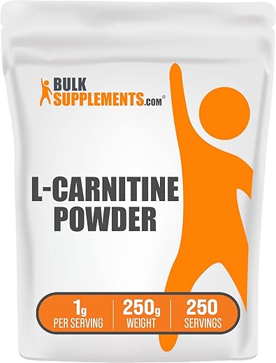 Suplemento de L-Carnitina em Pó BulkSupplements.com – 1000mg por Porção, Livre de Glúten, 250g (Pack de 1)
