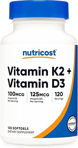 Vitamina K2 (MK7) (100mcg) Vitamina D3 (5000 UI) 120 Softgels – Livre de Glúten e Não-OGM - Nutricost