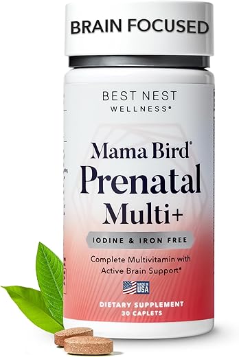 Best Nest Wellness - Melhor Nest Wellness Mama Bird Vitaminas Pré-Natais Sem Ferro, Sem Ferro ou Iodo, Metilfolato (Ácido Fólico para Mulheres Grávidas), Mistura Herbal Orgânica Natural, Vegano, Uma Vez ao Dia (30 Unidades)