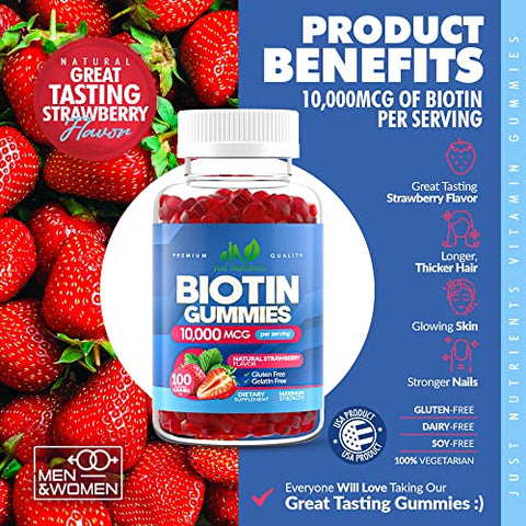 Just Nutrients - Gomas de Biotina 10.000mcg para Mulheres – Fortaleça seus cabelos e unhas com as melhores gomas de biotina