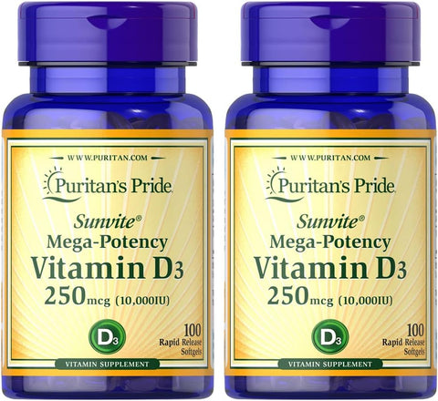 Puritan's Pride - Puritan’s Pride Vitamina D3 10.000 UI, Pacote Duplo 200 Contagem Total