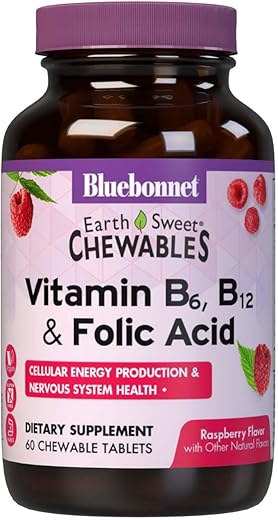 Nutrition Earth Sweet – Vitamina B6, B12, Ácido Fólico – 60 Comprimidos Mastigáveis Veganos, Vegetarianos, Sem Glúten, Sem Soja, Sem Leite, Kosher – Sabor Framboesa - Bluebonnet