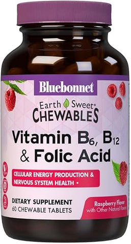 Nutrition Earth Sweet – Vitamina B6, B12, Ácido Fólico – 60 Comprimidos Mastigáveis Veganos, Vegetarianos, Sem Glúten, Sem Soja, Sem Leite, Kosher – Sabor Framboesa - Bluebonnet