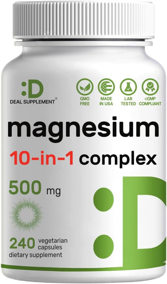 DEAL SUPPLEMENT - Magnésio Complexo 500mg – 240 Cápsulas Vegetais – 10 em 1 – Glicinato, Citrato, Malato