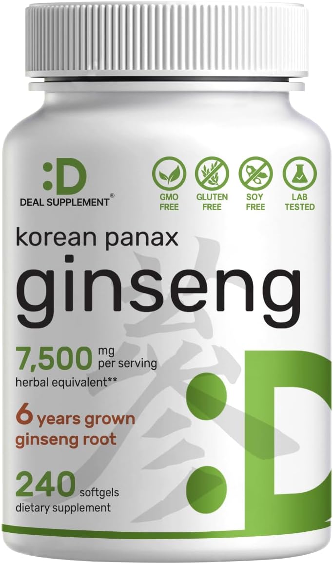DEAL SUPPLEMENT - Extrato de Raiz de Ginseng Vermelho Coreano Panax, 7.500mg por Porção, 240 Softgels – 150mg de Ginsenosídeos Ativos
