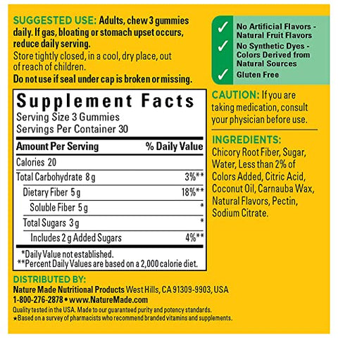 Fiber Gummies 5g por Porção, Suplemento de Fibra para Apoio à Saúde Digestiva, 90 Gummies, Fornecimento de 30 Dias - Nature Made