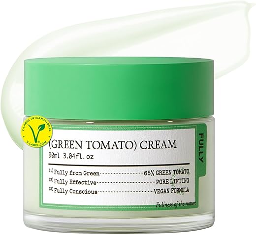 Fully - Creme Facial de Tomate Verde Totalmente Natural, Efeito Lifting de Poros com 65% de Extrato de Tomate Verde e Vitamina C, Hidratante Facial para Hidratação e Elasticidade, Sem Fragrância, Vegano