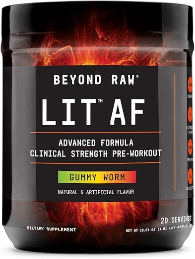 LIT AF | Fórmula Avançada de Pré-Treino em Pó de Força Clínica | Contém Cafeína, L-Citrulina e Nitrosigine | Sabor Gummy Worm | 20 Porções - BEYOND RAW