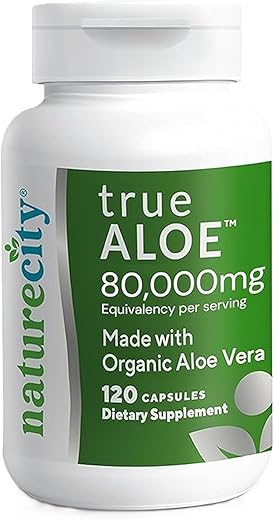 NatureCity - True-Aloe Gel de Aloe Vera Orgânico 80.000mg por Porção – 120 Cápsulas | Suporte Digestivo, da Pele e das Articulações | Cápsulas Pequenas e Fáceis de Engolir