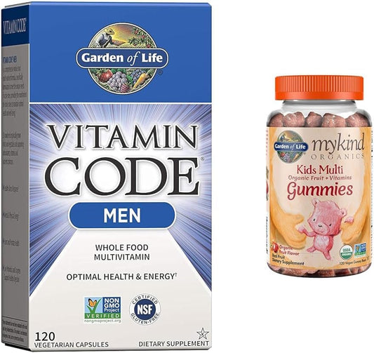 Multivitamínico Masculino 120 Cápsulas + Gomas Orgânicas de Frutas para Crianças 120 Unidades - Garden of Life