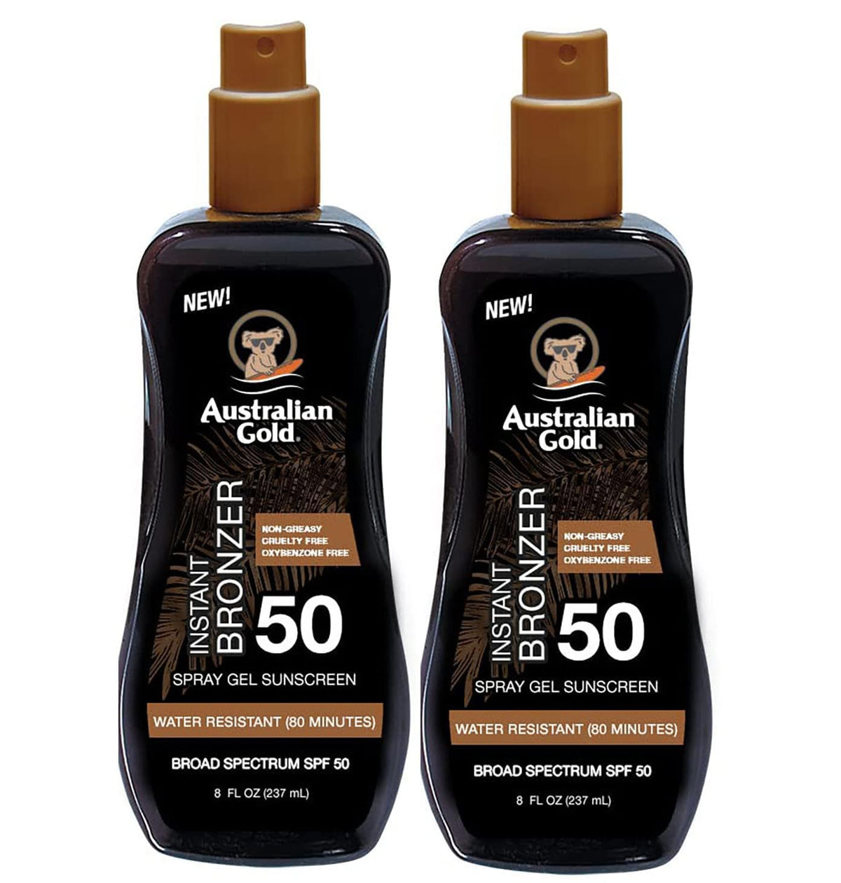 Protetor Solar Australian Gold Spray Gel com Bronzeador Instantâneo FPS 50, 8 Ounce Pack Of 2 – Proteção Solar Avançada para uma Pele Dourada e Saudável