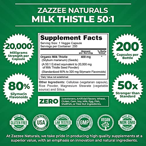 Extrato de Cardo de Leite Orgânico 50:1, 20.000 mg de Potência, 200 Cápsulas Veganas, 80% Flavonoides de Silimarina, Mais de 6 Meses de Fornecimento, Extrato Padronizado e Concentrado 50X - Zazzee