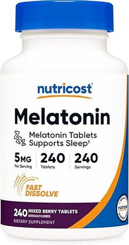 Melatonina 5mg, 240 Comprimidos de Dissolução Rápida (Sabor de Frutas Vermelhas) – Sem OGM, Sem Glúten - Nutricost