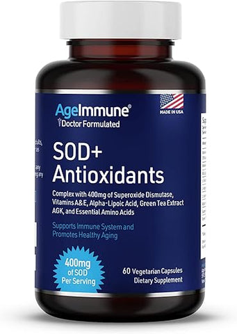 AgeImmune - SOD Complexo Antioxidante para Envelhecimento Saudável – 400mg de Superóxido Dismutase – Ácido Alfa Lipóico – L-Arginina – Lisina – AKG – Vitamina A – Vitamina E para Suporte Imunológico – 60 cápsulas