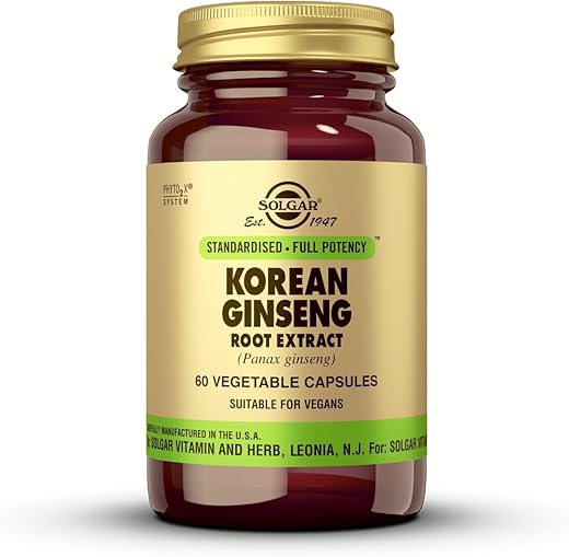 SOLGAR - Solgar Extrato de Raiz de Ginseng Coreano, 60 Cápsulas Vegetais – Suporte Imunológico – Potência Padrão (SFP) – Não-OGM, Vegano, Sem Glúten, Sem Laticínios, Kosher – 60 Porções