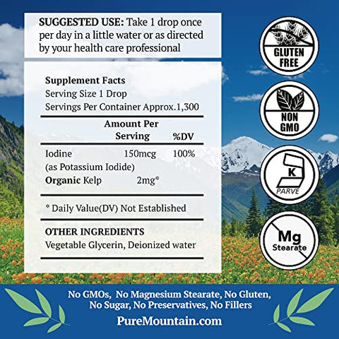 Pure Mountain Botanicals - Suplemento Líquido de Iodo com Algas Orgânicas – Vegano Kosher Gotas de Iodeto de Potássio – Livre de Álcool – Suporte à Saúde da Tireoide