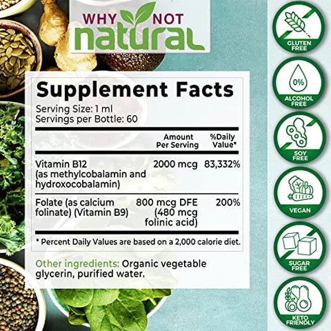Why Not Natural - Vitamina B12 Líquida Natural Plus Folate – Gotas Veganas Sublinguais Extra Fortes – Methyl B12 e Folinato – Orgânico