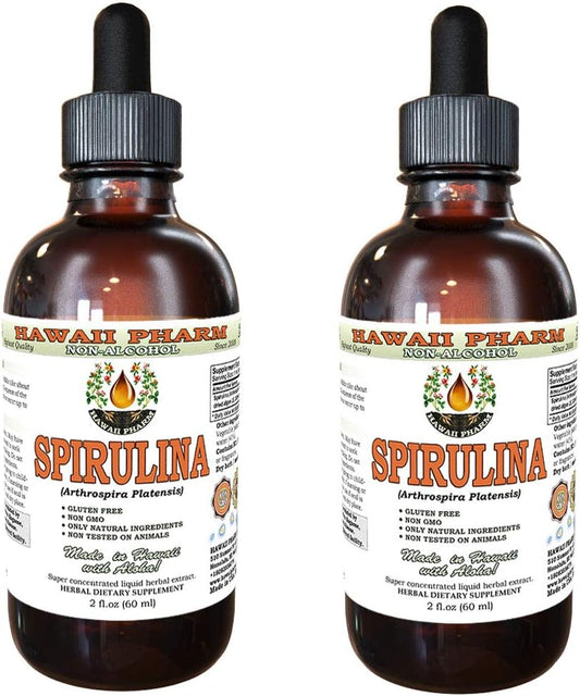 Extrato Líquido de Spirulina Sem Álcool, Spirulina Orgânica (Arthrospira platensis) Alga Seca Glicerina Herbal Natural, EUA 2×2 ml - Hawaii Pharm