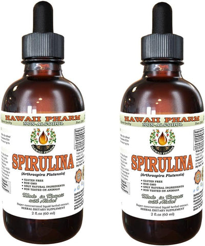 Extrato Líquido de Spirulina Sem Álcool, Spirulina Orgânica (Arthrospira platensis) Alga Seca Glicerina Herbal Natural, EUA 2×2 ml - Hawaii Pharm