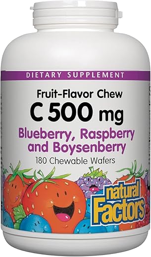 Vitamina C Natural Factors Kids 500 mg, Suporte à Saúde Imunológica, Ossos, Dentes e Gengivas, Mirtilo, Framboesa e Amora, 180 Pastilhas