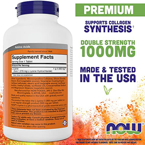Now Foods L-Lysine 1000mg – Suplemento de Aminoácido Não-OGM – 300 Comprimidos – Dose Dupla – Vegan/Vegetariano