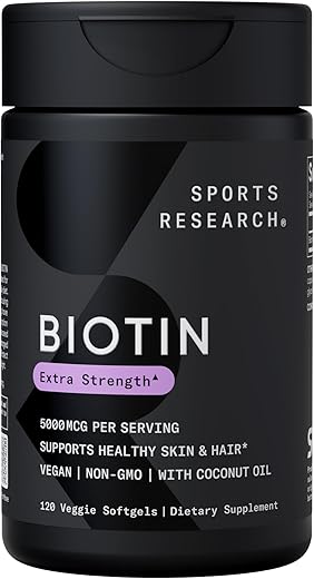 Vegan Biotin 5000mcg com Óleo de Coco Orgânico – Biotina Extra Forte Vitamina B7 para Cabelos Mais Saudáveis - Sports Research
