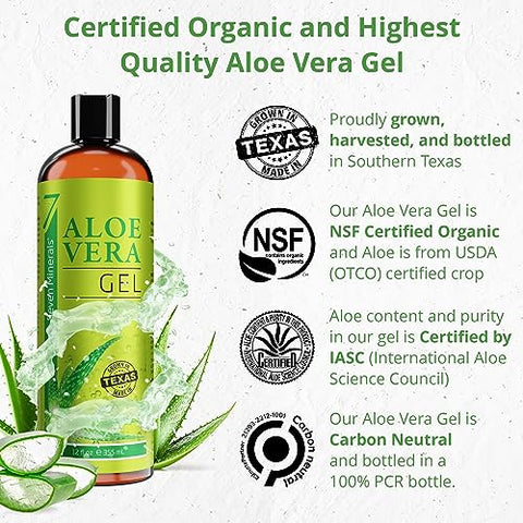 Seven Minerals - Gel de Aloe Vera Orgânico 100% Puro – 12oz (355ml) – Alta Qualidade, Cultivado no Texas, Vegano, Sem Fragrância – Para Rosto, Pele, Cabelo, Alívio de Queimaduras Solares