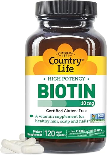 Biotina 10mg de Alta Potência – Vegano | 100% Natural | Fortalece Cabelos e Unhas | 60 Cápsulas - Country Life