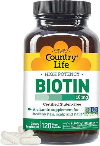 Biotina 10mg de Alta Potência – Vegano | 100% Natural | Fortalece Cabelos e Unhas | 60 Cápsulas - Country Life