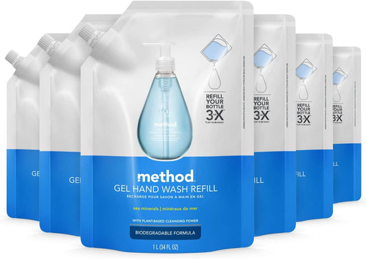 Recarga de Sabonete Líquido Method Gel, Minerais Marinhos, Frasco Reciclável, Fórmula Biodegradável, 1000 ml (Pack com 6)