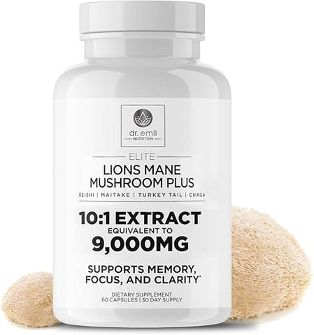 Cápsulas de Suplemento Orgânico de Lion’s Mane 9000mg com Chaga e Reishi – Potencialize sua Saúde Cerebral e Imunidade - DR. EMIL NUTRITION