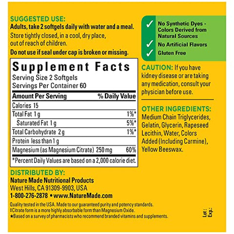 Magnesium Citrate 250 mg – Suporte Muscular, Nervoso, Ósseo e Cardíaco – 120 Softgels, 60 Dias de Fornecimento - Nature Made