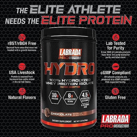 Hydro 100% Pó Isolado de Proteína Whey Hidrolisada, Sem Lactose, Digestão Rápida, Mistura Instantânea, Sabor Delicioso 20 Porções (Chocolate) - Labrada