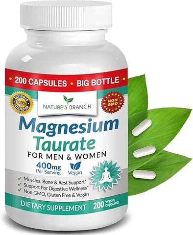Nature's Branch - Magnésio Taurato 400mg – 200 Cápsulas – Alta Absorção para Sono, Saúde Cardíaca, Calma, Suplemento para Articulações para Mulheres e Homens – Fabricado nos EUA, Pó de Mag Elemental Puro Mais Taurina