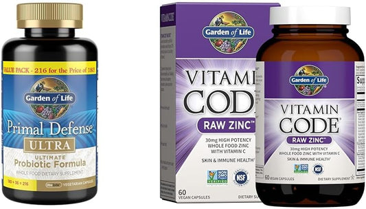 Probióticos Primal Defense Ultra 216 Cápsulas Suplemento de Zinco 30mg Alta Potência 60 Cápsulas - Garden of Life