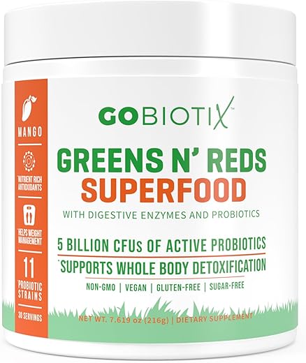 Super Greens and Reds em Pó – Superfood Vermelho e Verde – Suplemento Probiótico – Enzimas Digestivas e Pó de Beterraba – Suplemento Alimentar de Alimentos Orgânicos Integrais (Manga, 200g) - GOBIOTIX