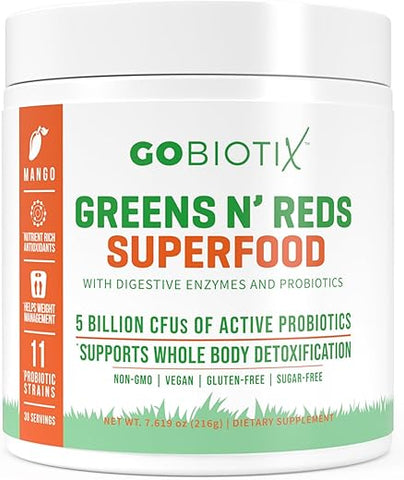 Super Greens and Reds em Pó – Superfood Vermelho e Verde – Suplemento Probiótico – Enzimas Digestivas e Pó de Beterraba – Suplemento Alimentar de Alimentos Orgânicos Integrais (Manga, 200g) - GOBIOTIX