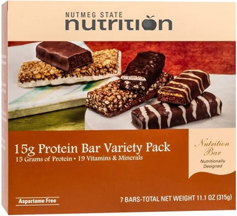 DPTG - Barra de Substituição de Refeição e Lanche de Alta Proteína Nutmeg State Nutrition – Pack Variado de Barras de 15g de Proteína (7 unidades) – Livre de Gordura Trans, Aspartame, Kosher e Rica em Fibras