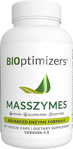 MassZymes – Enzimas Digestivas Completas para Saúde Intestinal – Alívio de Inchaço para Homens e Mulheres – Enzimas Digestivas de Lipase Amilase Bromelina (250 Cápsulas) - BiOptimizers