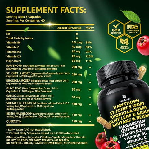LetaGreen - Cápsulas de Espinheiro-Alvar Orgânico – Extrato de Espinheiro-Alvar 2000mg com Hipérico 2500mg Rhodiola Rosea 4000mg Folha de Oliveira 1000mg Shiitake 1000mg Cogumelo Reishi 1000mg Quercetina