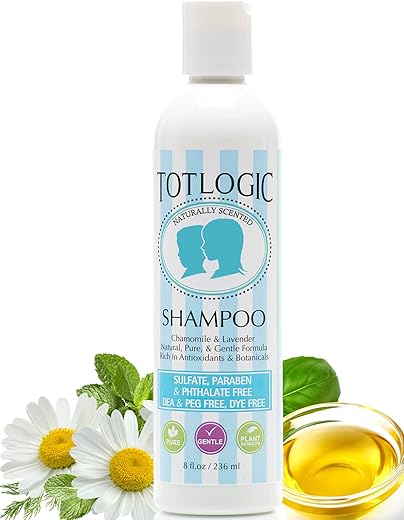 Shampoo Infantil TotLogic Sem Sulfato – 8 oz Fragrância Original – Fórmula Suave à Base de Plantas, Livre de Parabenos e Não Tóxica, Segura para Bebês e Crianças Pequenas, Óleos Essenciais Naturais