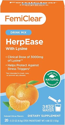 HerpEase com L-Lisina 3000mg Suplemento em Pó com Zinco 11mg Vitaminas A e C 900mg Sensoril Ashwaganda 250mg Extrato de Stevia 60mg - FemiClear