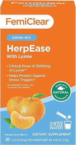 HerpEase com L-Lisina 3000mg Suplemento em Pó com Zinco 11mg Vitaminas A e C 900mg Sensoril Ashwaganda 250mg Extrato de Stevia 60mg - FemiClear